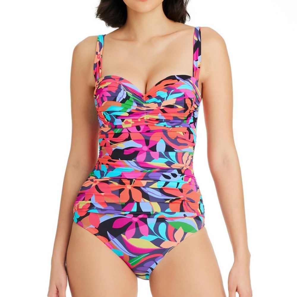 New Women’s Size 8 Underwire Shirred Bandeau One Piece Swimsuit